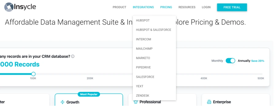 Insycle integrations menu showing HubSpot, HubSpot & Salesforce, Intercom, Mailchimp, Marketo, Pipedrive, Salesforce, Yext, and Zendesk